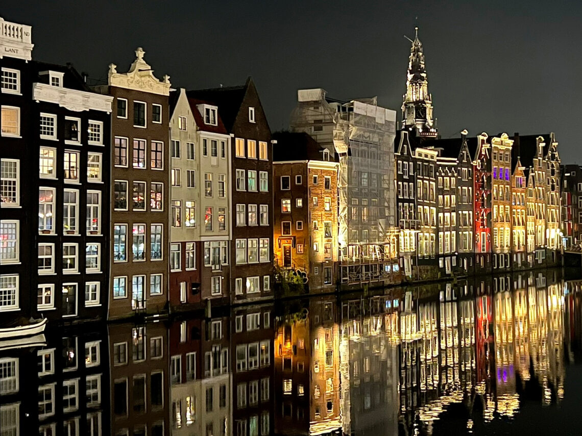 Nighttime canal reflections, Amsterdam