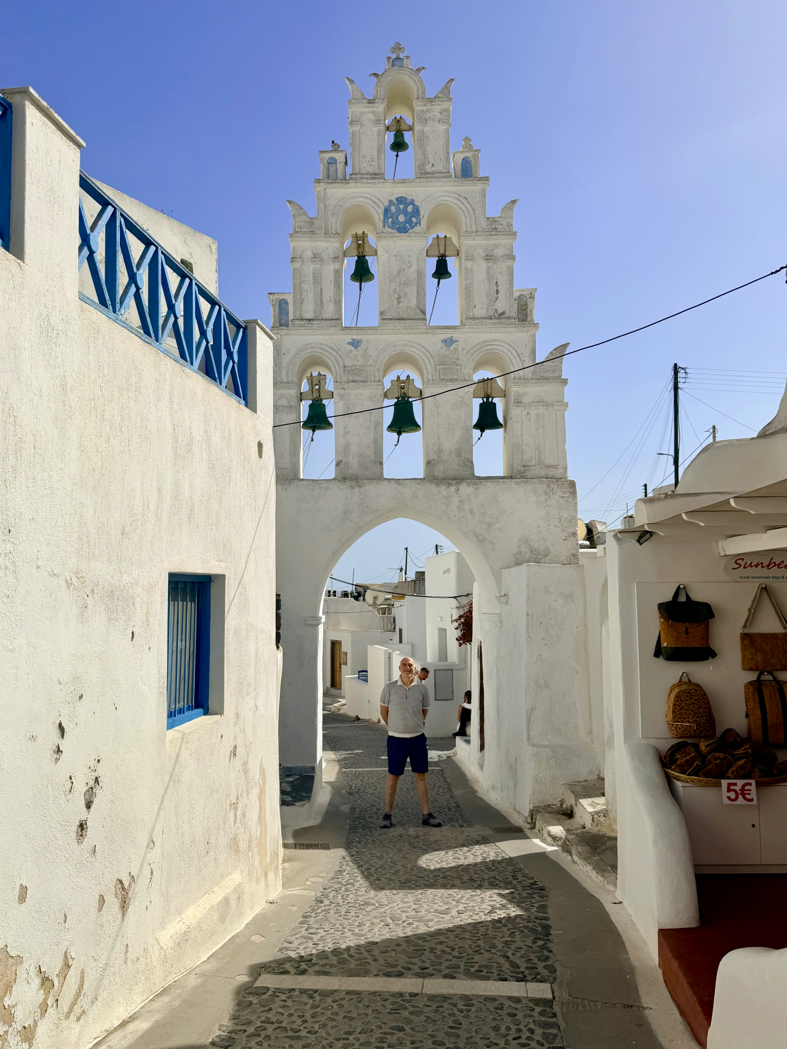 Megalochori bell tower—and quiet streets Megalochori bell tower—and quiet streets